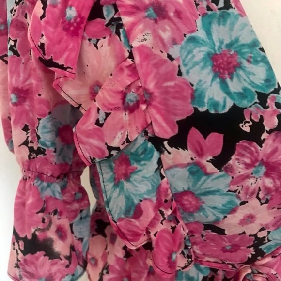 WAYF Colorful Floral Print Wrap Blouse Puff Sleeve - Picture 9 of 10